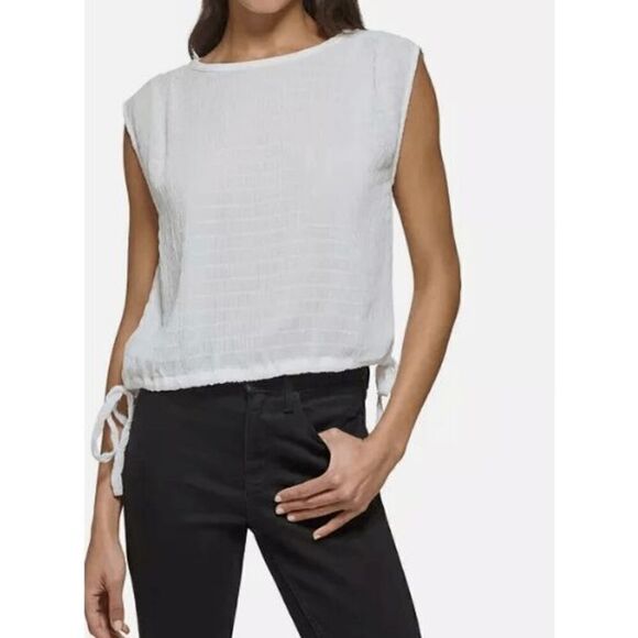 Calvin Klein Side-Tie Pintuck Round-Neck Top White S - Picture 1 of 9